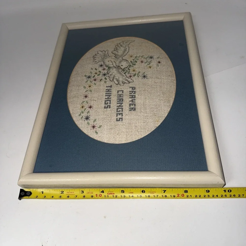 Vintage Needlepoint Picture 10x13 White Framed Matted Dove Prayer No Glass